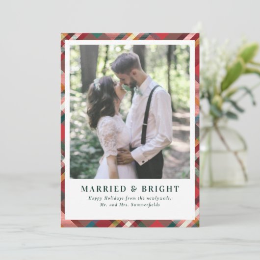 Elegant Christmas Plaid Married and Bright Photo Feestdagenkaart (Staand voorkant)