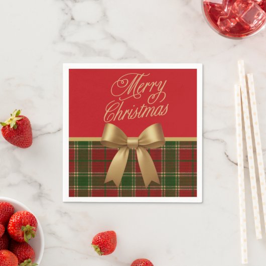 Elegant Christmas Plaid Napkin with Gold Bow Servet (Insitu)