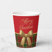 Elegant Christmas Plaid Paper Cup with Gold Bow Papieren Bekers (Achterkant)