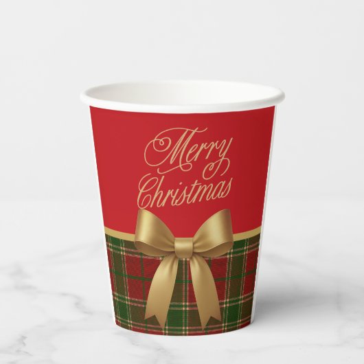 Elegant Christmas Plaid Paper Cup with Gold Bow Papieren Bekers (Achterkant)