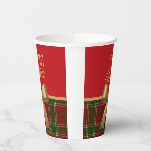 Elegant Christmas Plaid Paper Cup with Gold Bow Papieren Bekers (Links)