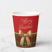 Elegant Christmas Plaid Paper Cup with Gold Bow Papieren Bekers (Voorkant)
