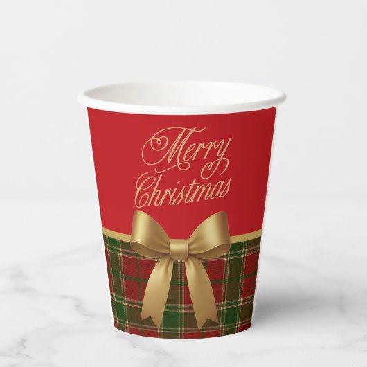 Elegant Christmas Plaid Paper Cup with Gold Bow Papieren Bekers (Voorkant)