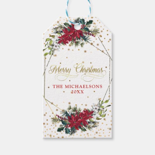 Elegant Christmas Poinsettia Gold Confetti Cadeaulabel (Voorkant)