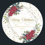 Elegant Christmas Poinsettia Gold Confetti Ronde Sticker<br><div class="desc">Dit elegante Kerst sticker is voorzien van glitter geometrisch lijst met prachtige poinsettia boeketten,  gouden tekst afbeelding "Merry Christmas" en gouden confetti. Perfect voor uw vakantiekaarten en uitnodigingen! Eenvoudig te personaliseren met aangepaste opties. Gebruik de knop Aanpassen om de achtergrondkleur of de tekst te wijzigen.</div>