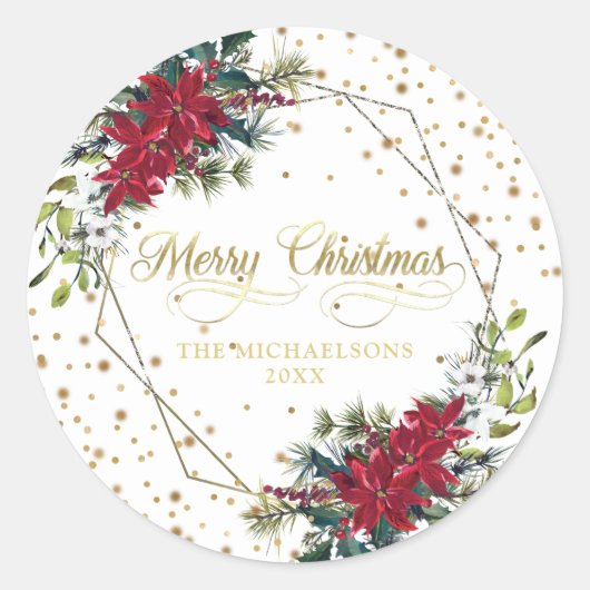 Elegant Christmas Poinsettia Gold Confetti Ronde Sticker (Voorkant)