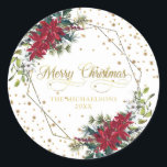 Elegant Christmas Poinsettia Gold Confetti Ronde Sticker<br><div class="desc">Dit elegante Kerst sticker is voorzien van glitter geometrisch lijst met prachtige poinsettia boeketten,  gouden tekst afbeelding "Merry Christmas" en gouden confetti. Perfect voor uw vakantiekaarten en uitnodigingen! Eenvoudig te personaliseren met aangepaste opties. Gebruik de knop Aanpassen om de achtergrondkleur of de tekst te wijzigen.</div>