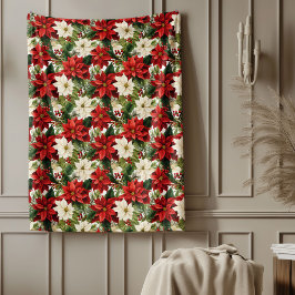 Elegant Christmas Red and White Poinsettia Fleece Deken