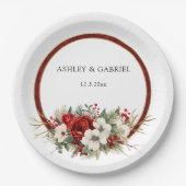 Elegant Christmas Red Damask Floral Papieren Bordje (Voorkant)