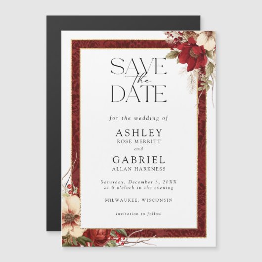 Elegant Christmas Red Damask Floral Save the Date Magnetische Uitnodiging (Voorkant / Achterkant)