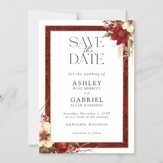 Elegant Christmas Red Damask Floral Save the Date Magnetische Uitnodiging (Voorkant)