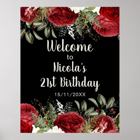 Elegant Christmas Red Flowers Birthday Party Poster (Voorkant)