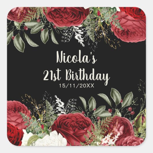 Elegant Christmas Red Flowers Birthday Party Vierkante Sticker (Voorkant)