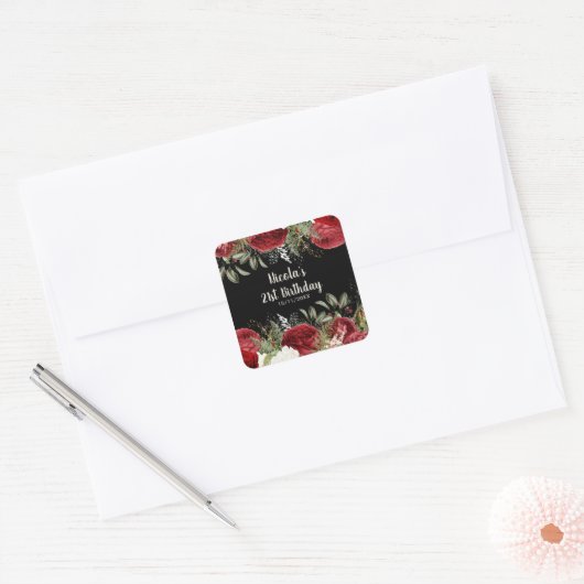 Elegant Christmas Red Flowers Birthday Party Vierkante Sticker (Envelop)