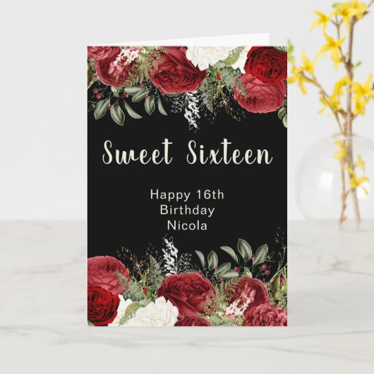 Elegant Christmas Red Flowers Sweet Sixteen Kaart (Gele Bloem)