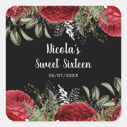 Elegant Christmas Red Flowers Sweet Sixteen Vierkante Sticker (Voorkant)