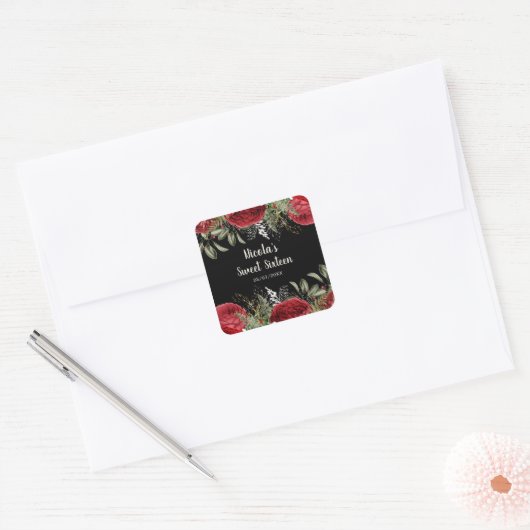 Elegant Christmas Red Flowers Sweet Sixteen Vierkante Sticker (Envelop)