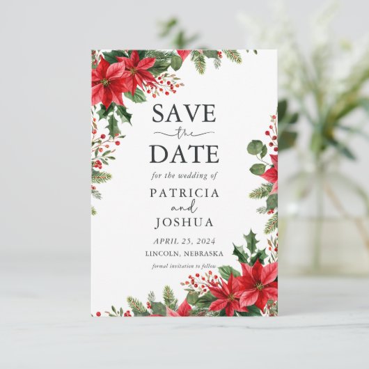 Elegant Christmas Save the Date with Poinsettias (Staand voorkant)