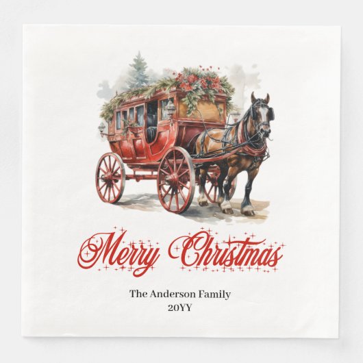 Elegant Christmas scene napkin red green lettering Servet (Voorkant)