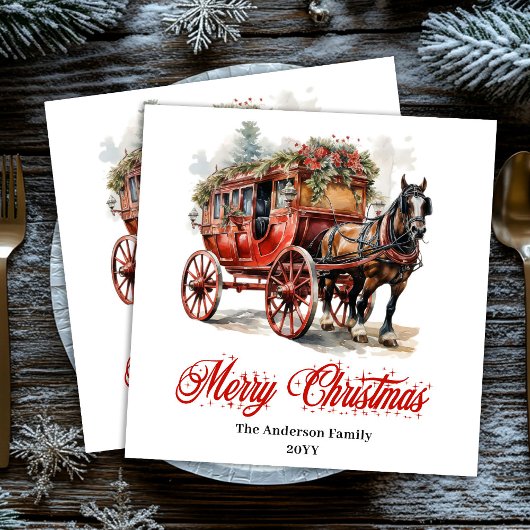 Elegant Christmas scene napkin red green lettering Servet