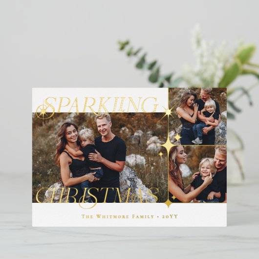 Elegant Christmas Sparkle Photo Collage Christmas Folie Feestdagenkaart (Staand Voorkant)