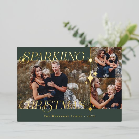 Elegant Christmas Sparkle Photo Collage Christmas Folie Feestdagenkaart (Staand Voorkant)