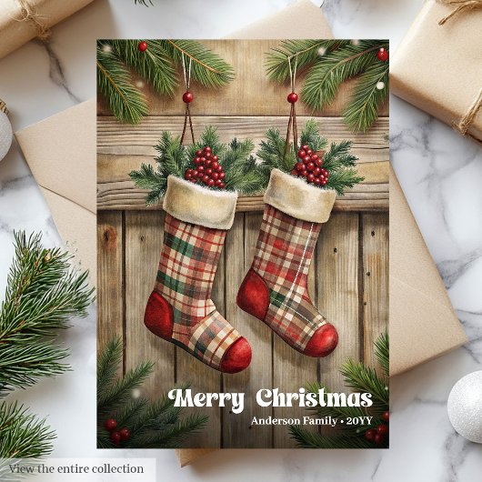 Elegant Christmas stocking rustic holly berries Feestdagenkaart