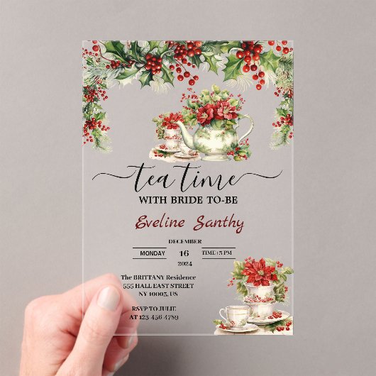 Elegant Christmas Tea Party Floral Vrijgezellenfee Acryl Uitnodigingen (Insitu (Draagbaar))