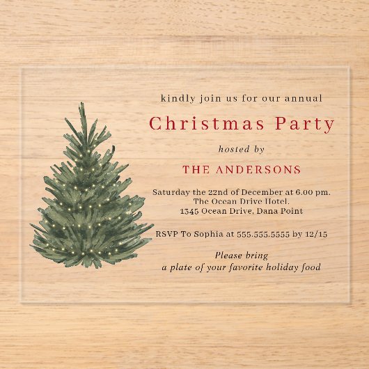 Elegant Christmas tree gold Christmas party Acryl Uitnodigingen (Voorkant)