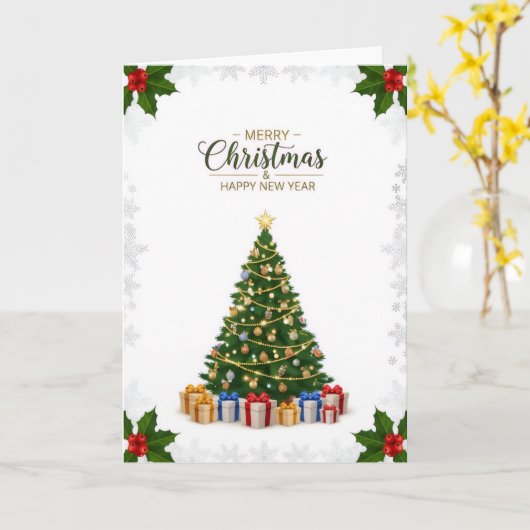 Elegant Christmas Tree & Holiday Wishes Card Kaart (Gele Bloem)