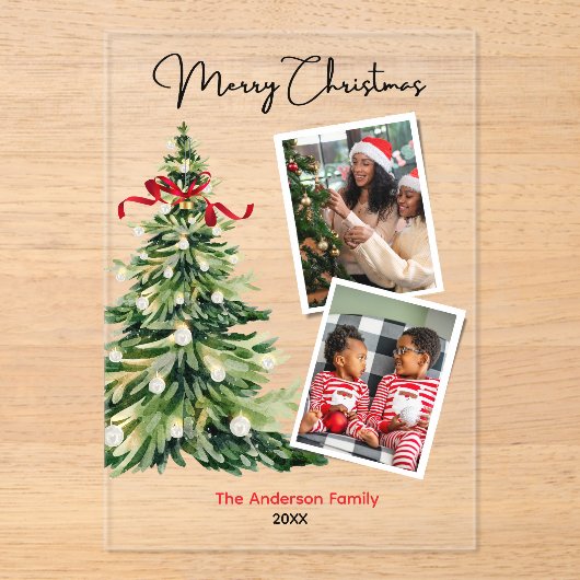 Elegant Christmas tree two photos personalized Acryl Uitnodigingen (Voorkant)