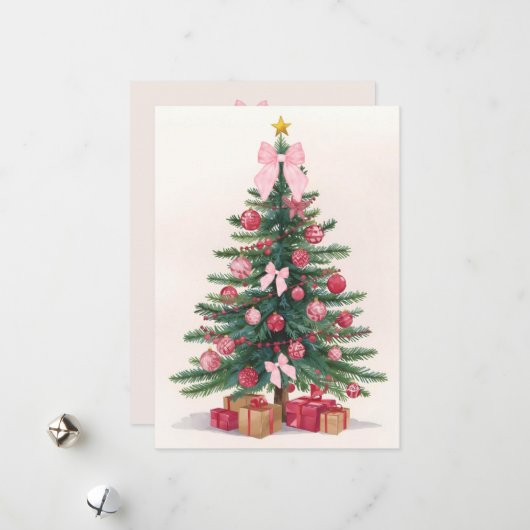 Elegant Christmas Tree with Pink Bows Holiday Card Feestdagenkaart (Voorkant / Achterkant in situ)