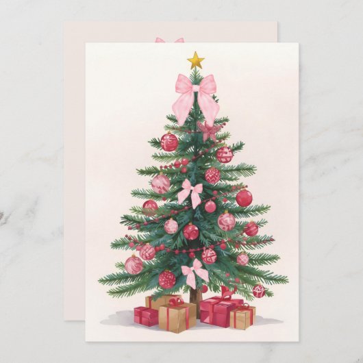 Elegant Christmas Tree with Pink Bows Holiday Card Feestdagenkaart (Voorkant / Achterkant)