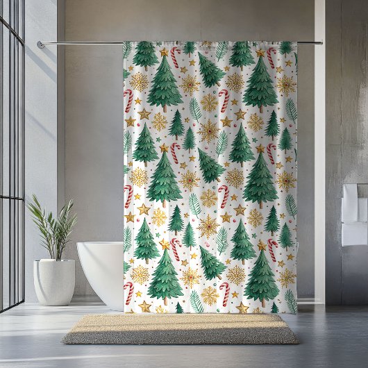 Elegant Christmas Trees Red Green Gold Bathroom Douchegordijn