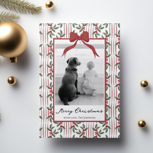 Elegant Christmas Watercolor Botanical Ribbon Feestdagenkaart