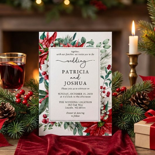 Elegant Christmas Wedding Invitation Poinsettia Kaart