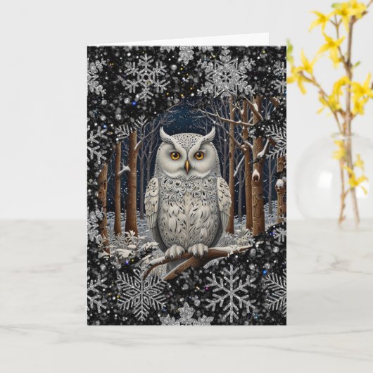 Elegant Christmas white owl woodland winter forest Kaart (Gele Bloem)