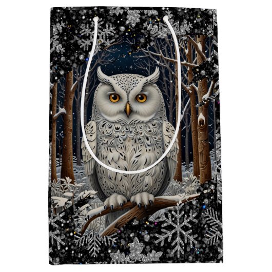 Elegant Christmas white owl woodland winter forest Medium Cadeauzakje (Voorkant)