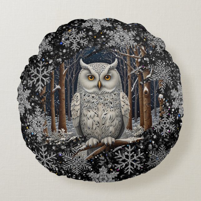 Elegant Christmas white owl woodland winter forest Rond Kussen (Voorkant)