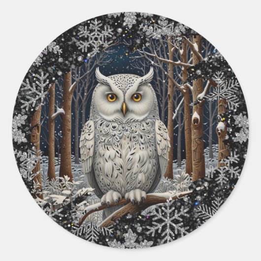 Elegant Christmas white owl woodland winter forest Ronde Sticker (Voorkant)