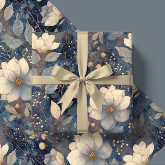 Elegant Christmas Winter Cream And Navy Floral Cadeaupapier