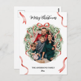 Elegant Christmas Wreath Bow Custom Family Photo Briefkaart