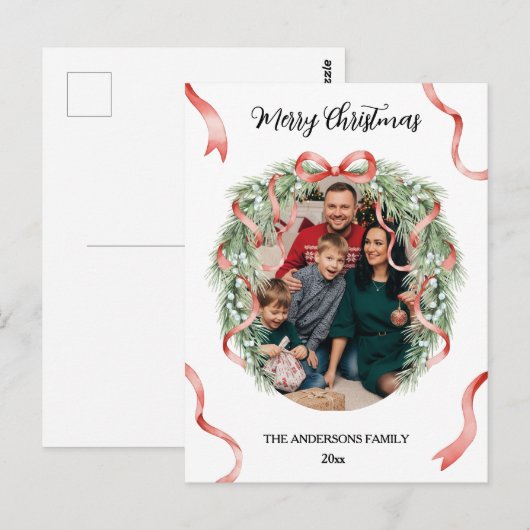 Elegant Christmas Wreath Bow Custom Family Photo Briefkaart (Voorkant / Achterkant)