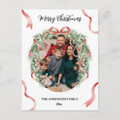 Elegant Christmas Wreath Bow Custom Family Photo Briefkaart (Voorkant)