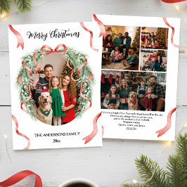 Elegant Christmas Wreath Bow Custom Family Photo Feestdagenkaart