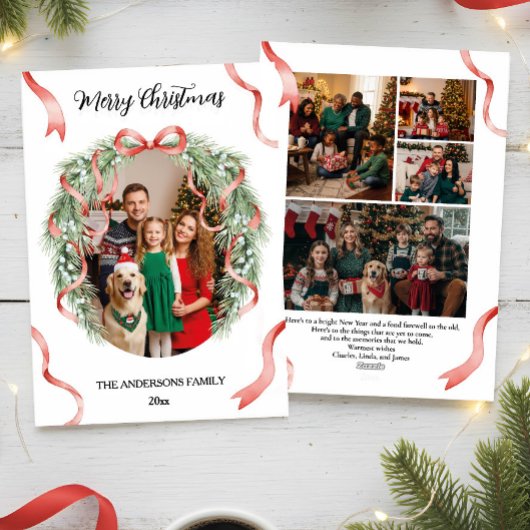 Elegant Christmas Wreath Bow Custom Family Photo Feestdagenkaart
