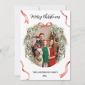 Elegant Christmas Wreath Bow Custom Family Photo Feestdagenkaart (Voorkant)
