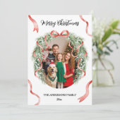 Elegant Christmas Wreath Bow Custom Family Photo Feestdagenkaart (Staand voorkant)
