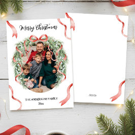 Elegant Christmas Wreath Bow Family Photo Custom Feestdagenkaart