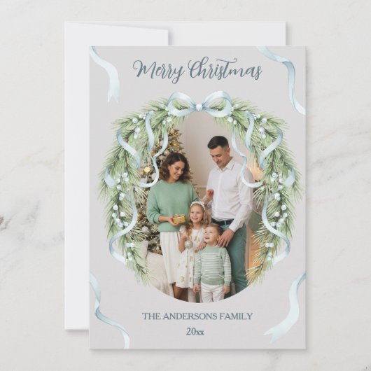 Elegant Christmas Wreath Bow Photo Custom Feestdagenkaart (Voorkant)